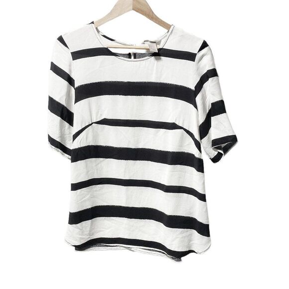 H&M Women's Sheer B&W Striped Oversized Short Sleeve Blouse - Picture 1 of 3